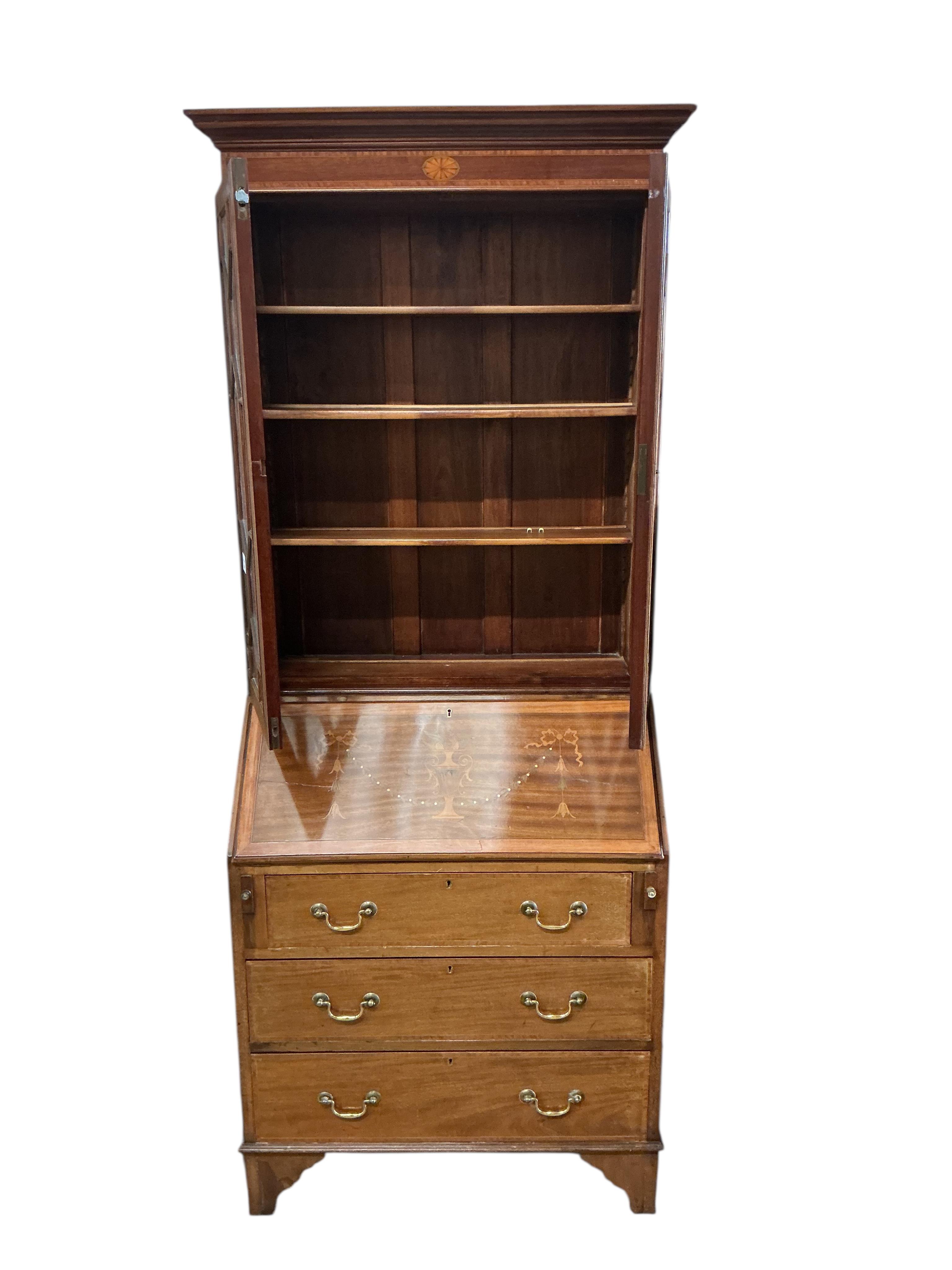 An Edwardian inlaid mahogany bureau bookcase, width 77cm, depth 43cm, height 196cm
